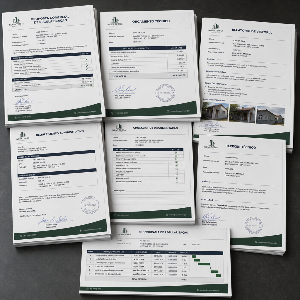 Mockup de documentos técnicos de engenharia e regularização imobiliária gerados pelo RegularizAI PRO